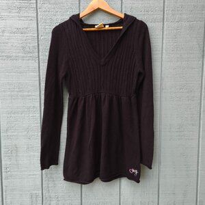 y2k Roxy Cable Knit Babydoll Hooded Sweater sz M Black Coquette Whimsygoth